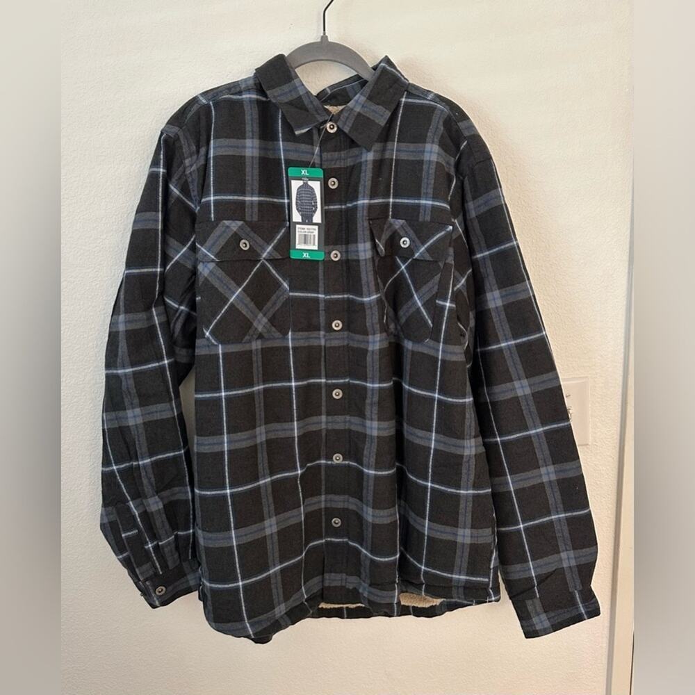 NWT Men’s Grizzly Mountain Flannel Jacket Blue Plaid Sherpa Lined Snap Down XL